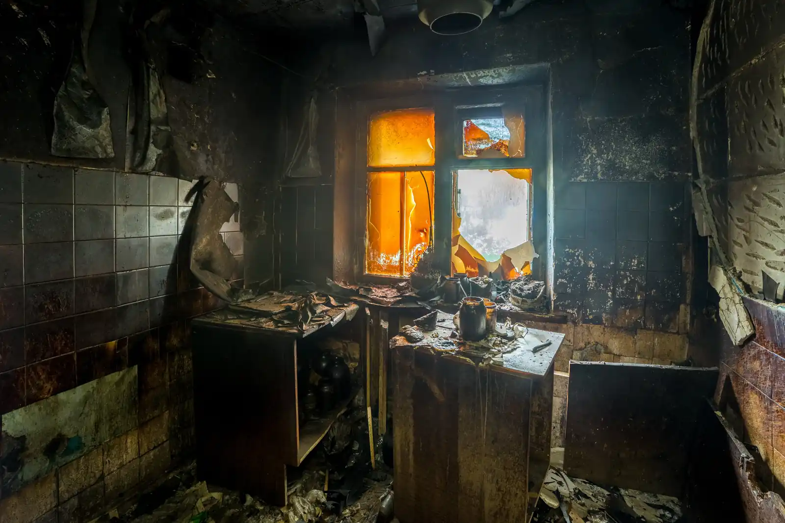 Fire damage restoration crew responding to a house fire in San Bernardino, CA near 92402